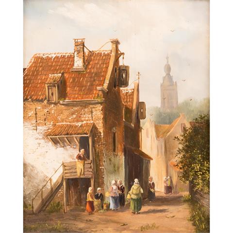 LEEGHWATER, C. (holländischer Maler 20. Jh), "Stadtansicht mit Figuren",