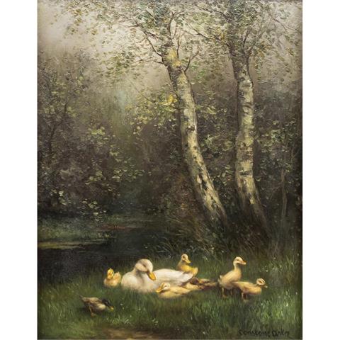 ARTZ, CONSTANT (1870-1951), "Entenfamilie am Ufer unter Birken",