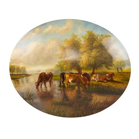JERNA, D. (Maler 20. Jh.), "Kühe am Flussufer",