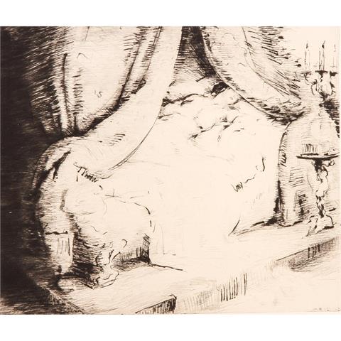 MEID, HANS (Pforzheim 1883-1957 Ludwigsburg), "Schlafender weiblicher Halbakt im Himmelbett",