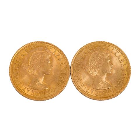 2 x GB/GOLD - 1 Sovereign 1966, Elizabeth II. mit Schleife,