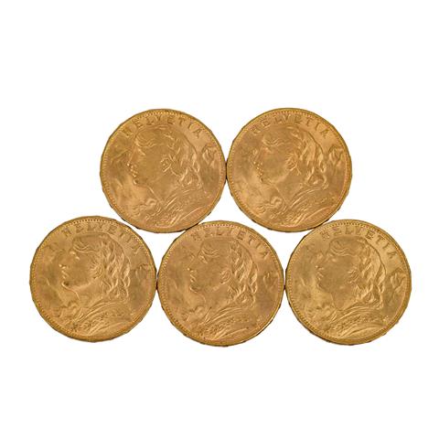 Schweiz/GOLD - 5 x 20 Franken Vreneli,