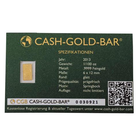GOLDbarren - 1/100 oz GOLD fein, GOLDbarren, geprägt, Cash-Gold-Bar 2013,