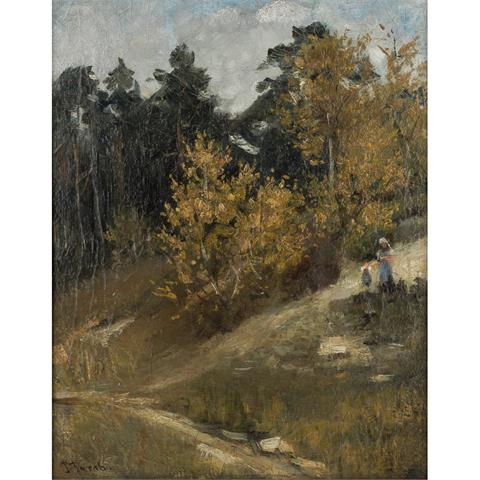 JACOB, JULIUS II (1842-1929), "Junge Frau mit Kind an einem Waldrand",