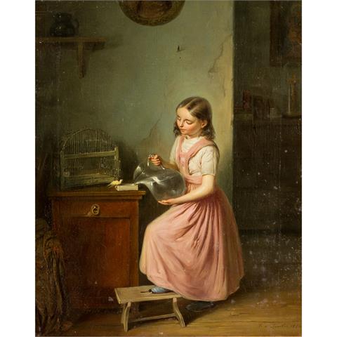 GRUBER, FRANZ JOSEF (?-1854), "Mädchen mit Wasserkrug, einen gelben Singvogel tränkend",