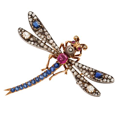 Antike Brosche "Libelle" mit Diamanten zus. ca. 1,2 ct,