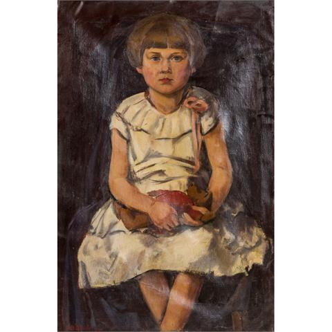 BÄUERLE, HERMANN (1886-1972), "Mädchen in weißem Kleid mit Teddybär",