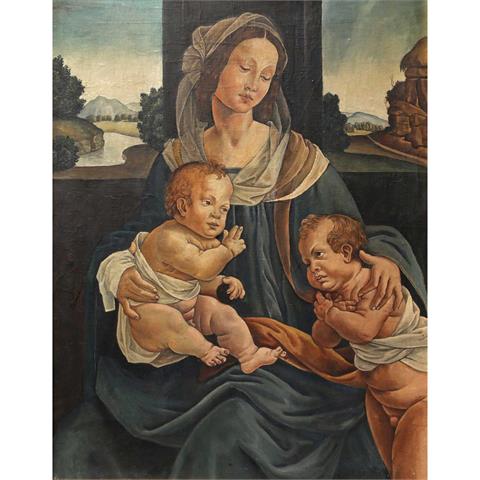 MALER des 19./20. Jh., "Madonna mit Jesus und Johannesknaben vor einem Fenster mit Landschaftsausblick"
