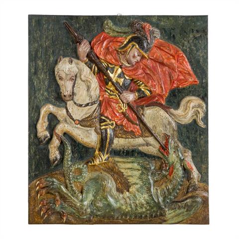 BILDHAUER/-SCHNITZER 18./19. Jh., Relief "Heiliger Georg im Kampf mit dem Drachen".