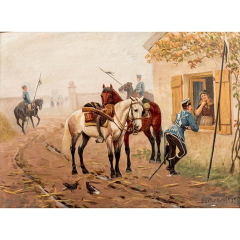 BECKER-HEYER, RUDOLF ALBERT (1862-1930), "Kavallerie-Offizier am Fenster einer jungen Frau",