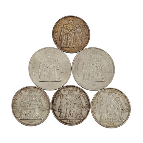 Frankreich, Hercules Serie - 4 x 10 Francs 1965 + 2 x 50 Francs 1977,