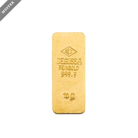 GOLDbarren – 10 g GOLD fein, Goldbarren in historischer Form, Hersteller Degussa,