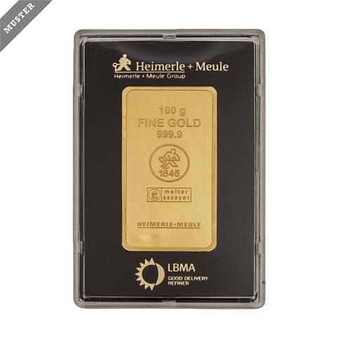 GOLDbarren – 100 g GOLD fein, Goldbarren geprägt, Hersteller Heimerle + Meule,