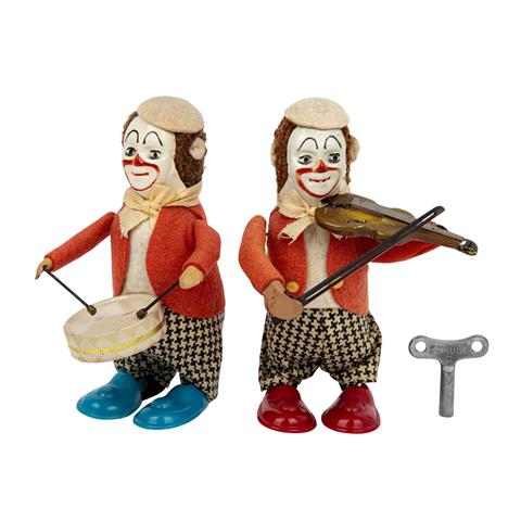 SCHUCO zwei Tanzfiguren "Clown mit Violine" und "Clown mit Trommel", 1945-1949,