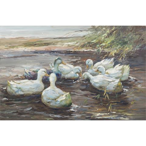GERARD, P. (Künstler/in 20. Jh.), "Uferpartie mit sieben Enten auf dem Wasser",