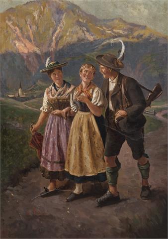 RAU, EMIL (1858-1937) "Jäger mit zwei Damen in Tracht auf Weg"