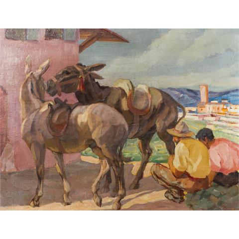 Wedel?, wohl WEDEL-KÜCKENTHAL, EDITH (1893-1968), "Zwei Bauern mit Eseln vor dem Haus",