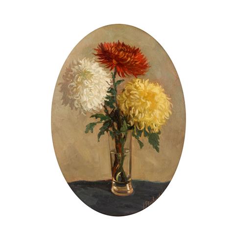 EBERHARD. E. (Maler/in 19./20. Jh.), "Stillleben mit drei Chrysanthemen in Glasvase",