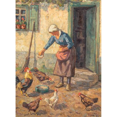 ZEYER, ERICH (Stuttgart 1903-1960), "Bäuerin beim Hühnerfüttern vor dem Haus",