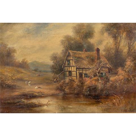 STINTON, G. (Maler/in Ende 19. Jh.), "Romantische Landschaft mit Fachwerkhaus am See",