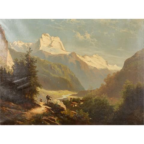 NORMA (?, undeutlich signiert, Künstler/in 2. Hälfte 19. Jh.), "Wanderer in den Alpen",