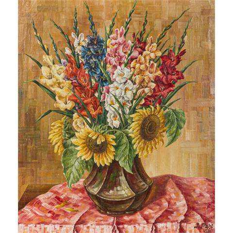 POHL, J. (Maler/in 20. Jh.), "Gladiolen und Sonnenblumen in Vase",