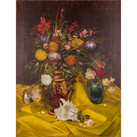 REULEIN (Maler/in 1. Hälfte 20. Jh.), "Stillleben mit Sommerblumen und Rosen in Vasen und Muscheln",