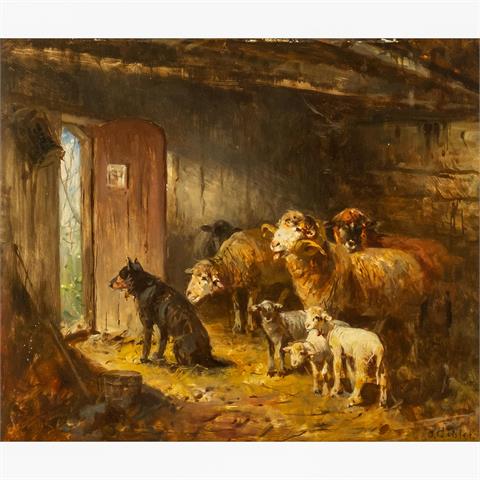 GEBLER, O. (Künstler 19./20. Jh.), "Schafe mit Hund im Stall",