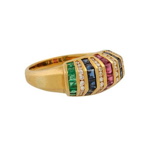 Ring mit Smaragd-, Saphir-, Rubincarrés und 40 Brillanten zus. ca. 0,2 ct,