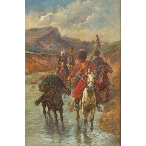 NEUMANN, FRITZ (1881-1919), "Reitende Kosaken in einem Flusstal",