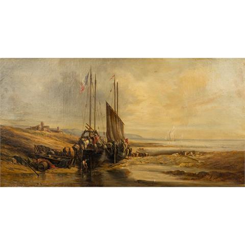 KOEKKOEK, HERMANUS I (1815-1882), "Fischer bei ihren Segelschiffen am Strand",