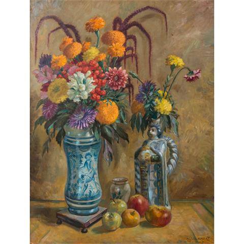 OLBERTZ, OTTO JOSEF (1881-1953), "Stillleben mit Sommerblumen in zwei blau-weißen Porzellanvasen",