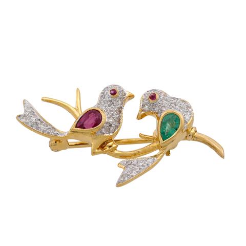 Brosche "Vogelpaar" mit Diamanten, Rubinen und Smaragd,