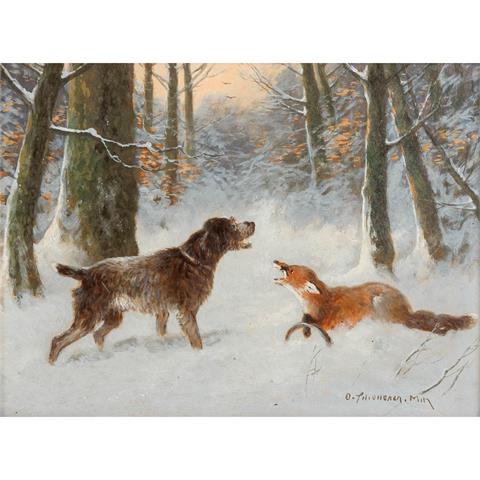 SCHEUERER, OTTO (1862-1934), "Fuchs und Hund in verschneitem Wald",