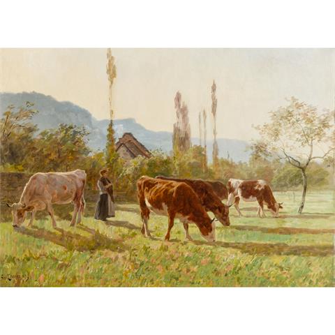 TERRAIRE, CLOVIS FRÉDÉRICK (1858-1931), "Hirtin mit Kühen auf der Wiese hinter dem Haus",