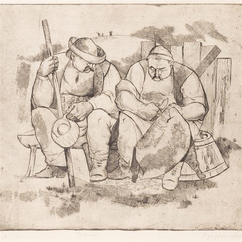 SLAVISCHER KÜNSTLER 20. Jh., "Zwei Bauern auf einer Bank sitzend",