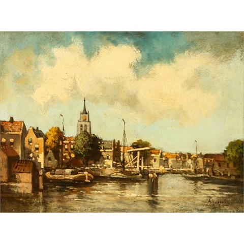 HORSMAN, A. (Maler 19./20. Jh.), "Blick über Lastboot und Kanal auf eine holländische Stadt"