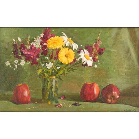 ZAVIALOV, N. (russischer Künstler 20. Jh.), "Stillleben mit Frühlingsstrauß im Glas und Äpfeln",