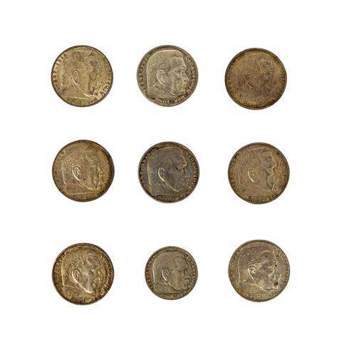Deutsches Reich - 8 x 5 und 1 x 2 Reichsmark,