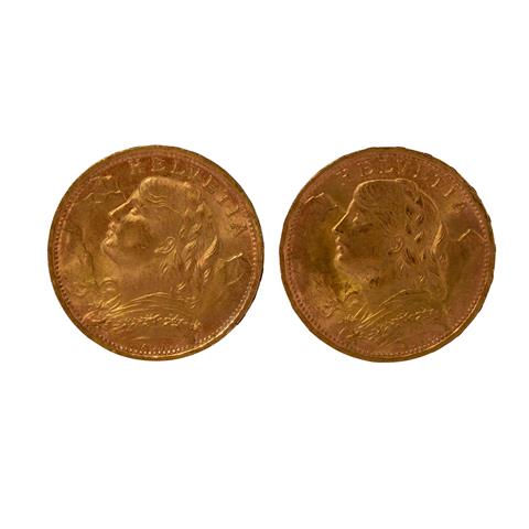 Schweiz/GOLD - 2 x 20 Franken Vreneli 1935 LB + 1947 B,
