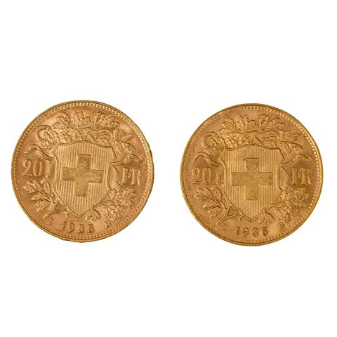 Schweiz/GOLD - 2 x 20 Franken Vreneli 1935 LB,