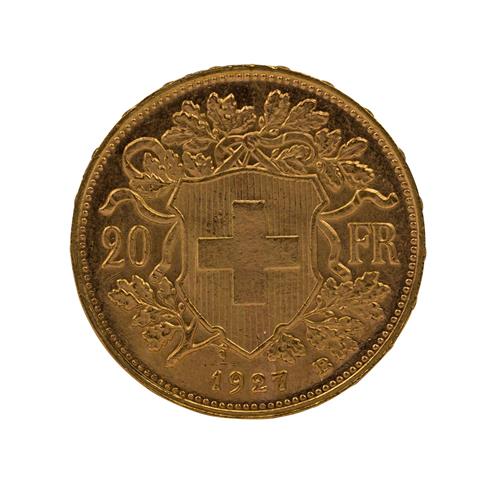 Schweiz/GOLD - 20 Franken Vreneli 1927 B,