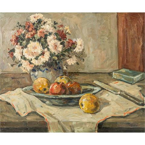 ZEYER, ERICH (1903-1960), "Stillleben mit Chrysanthemen in der Vase und Obstschale",
