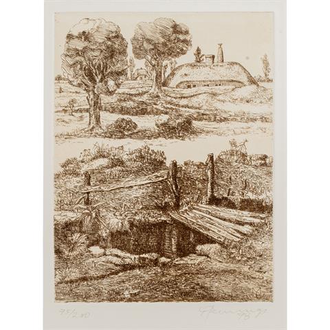 PFENNINGS, MANFRED (geb. 1938), "Landschaft mit reetgedeckten Häusern",