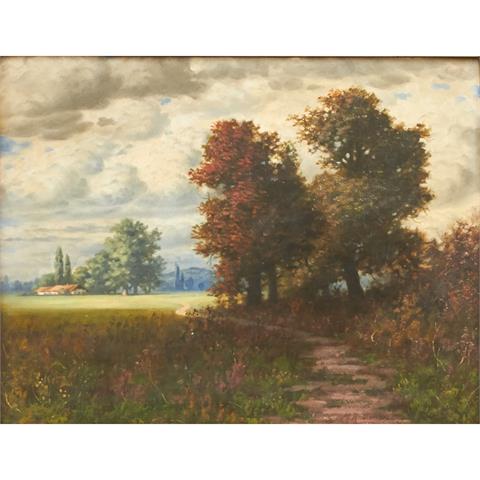 RÜDISÜHLI, M. (Maler/in 19./20. Jh.), "Landschaft mit Bäumen an einem Wiesenrain",