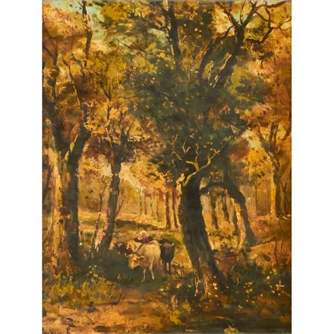 MOREAU, F. ? (undeutl. sign., französischer Maler 19. Jh.), "Hirtin mit drei Kühen auf einem Waldweg",