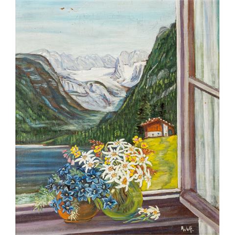 WOLF, R. (20. Jh.), "Blick aus dem Fenster auf Gletscher in den Alpen",