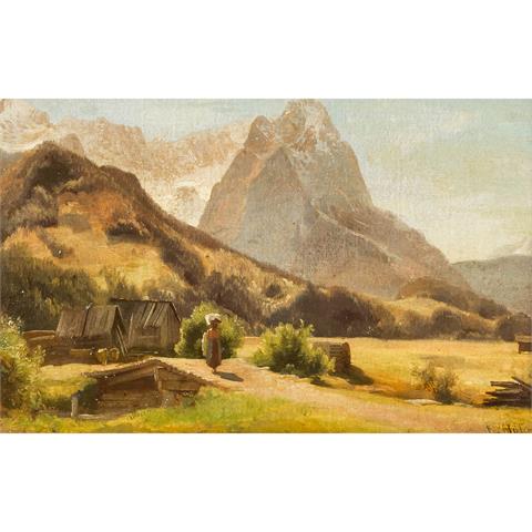 HÖFER, HEINRICH (1825-1878), "Sennerin vor Hütten im Wettersteingebirge mit Blick auf die Zugspitze",