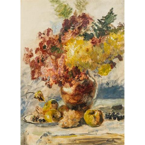 PETERS, ANNA (1843-1926), "Blumenstillleben mit Äpfeln und Trauben",
