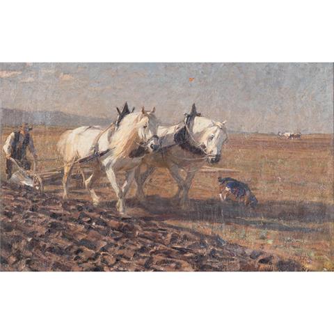 ECKENFELDER, FRIEDRICH (Bern 1861-1938 Balingen), "Pflügender Bauer mit Pferdegespann und Hund",